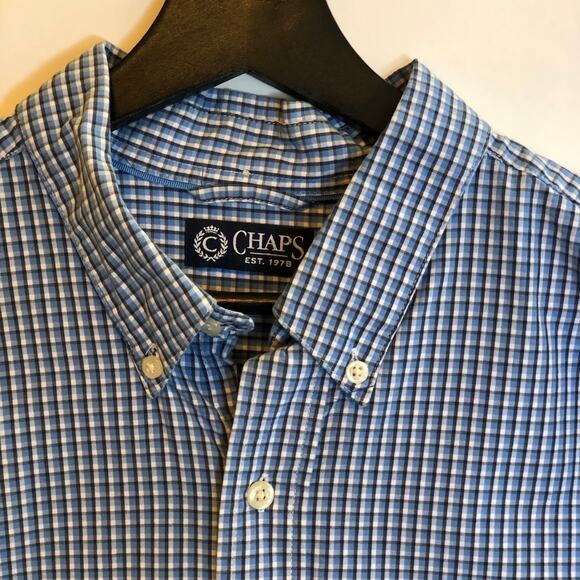 Chaps Blue Check Shirt Button Down Cotton Men's Large Pocket Plaid - Picture 2 of 8